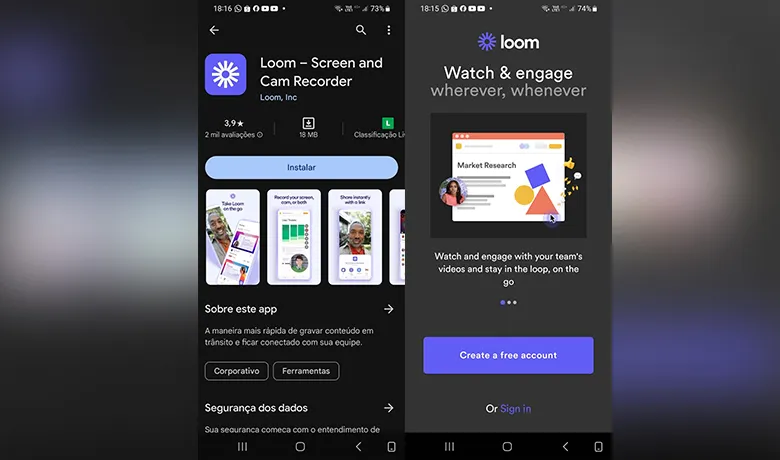 Interface do aplicativo Loom – Screen and Cam Recorder