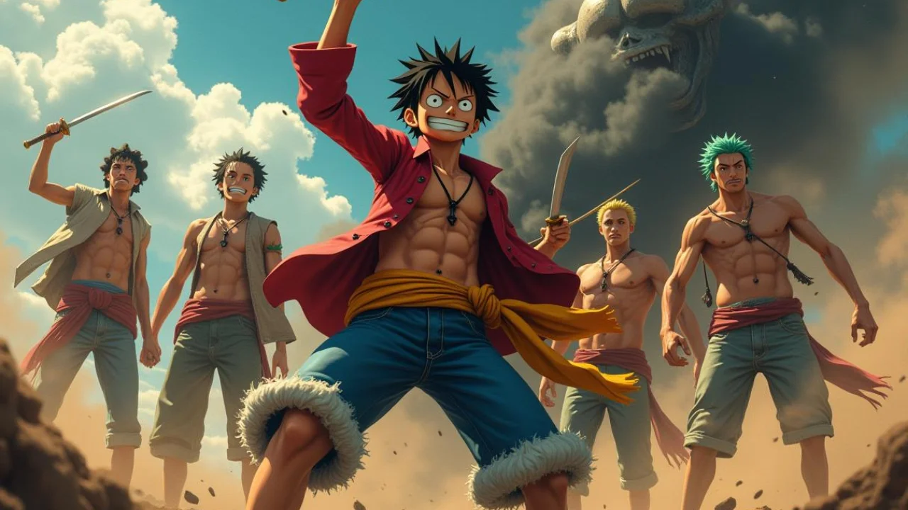 Luffy avec des personnages à ses côtés prêts pour une confrontation