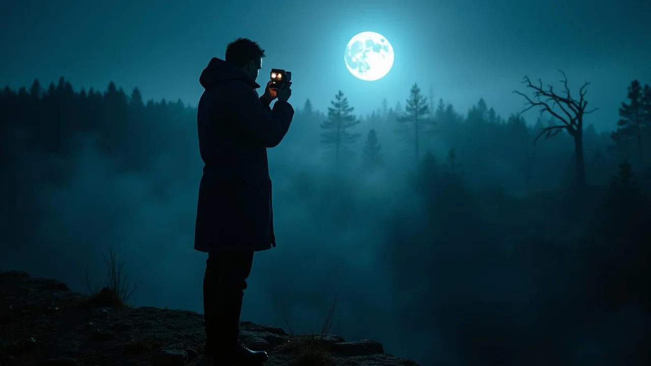 Man taking picture of full moon at night