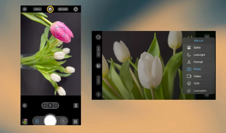 Application ProCamera choisissant le mode photographie