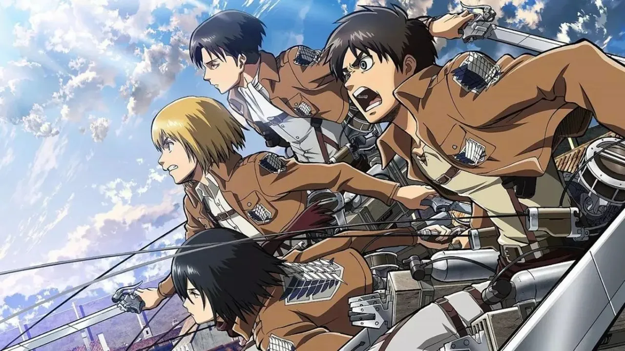 Imagen con varios personajes de Attack on Titan preparándose para atacar