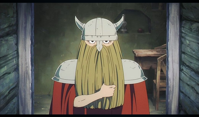 The character Eisen holding his own beard and wearing a red cape.