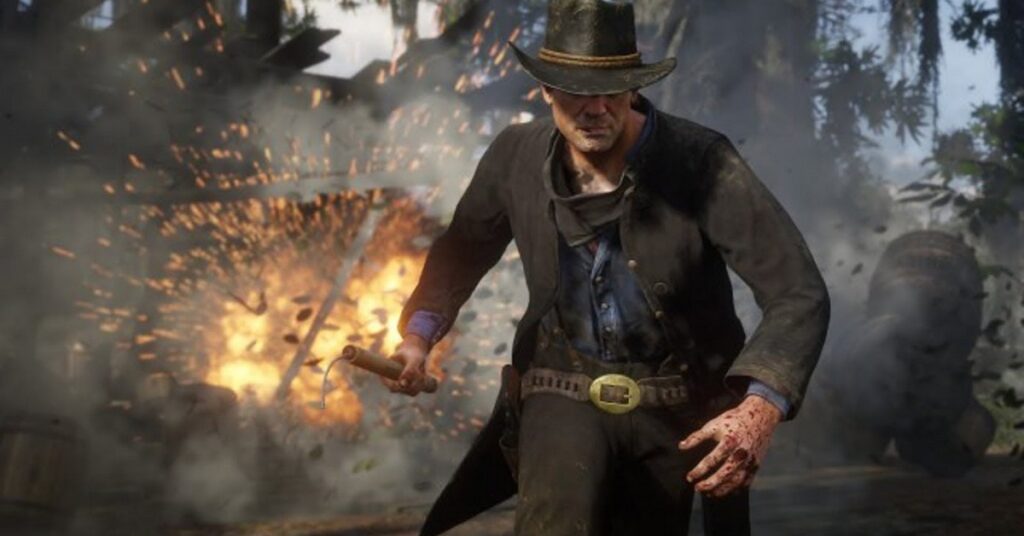 Game character dressed as a cowboy, holding a stick of dynamite and explosions in the background