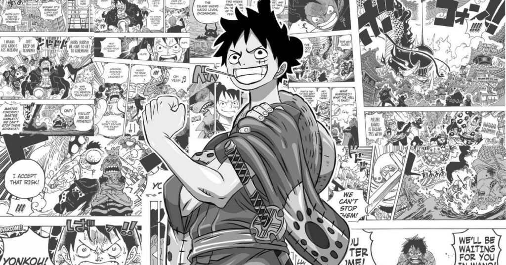 Imagen de una página Manga de Luffy mostrando sus músculos con varias otras imágenes Manga detrás