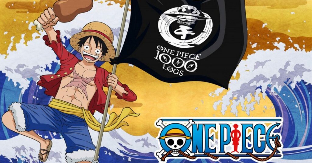 Luffy sosteniendo la bandera de su banda pirata.