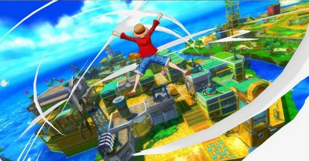 Personaje de Luffy saltando alto sobre un pueblo.