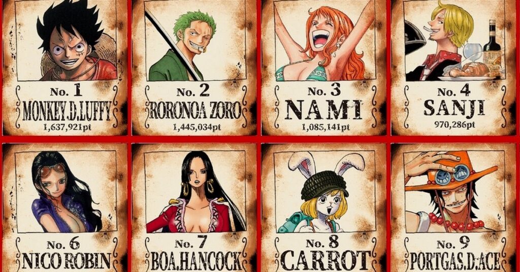 Imagen "Wanted" de los personajes, Luffy, Zoro, Nami, Sanji, Nico Robin, Boa Hancock, Carrot y Ace.