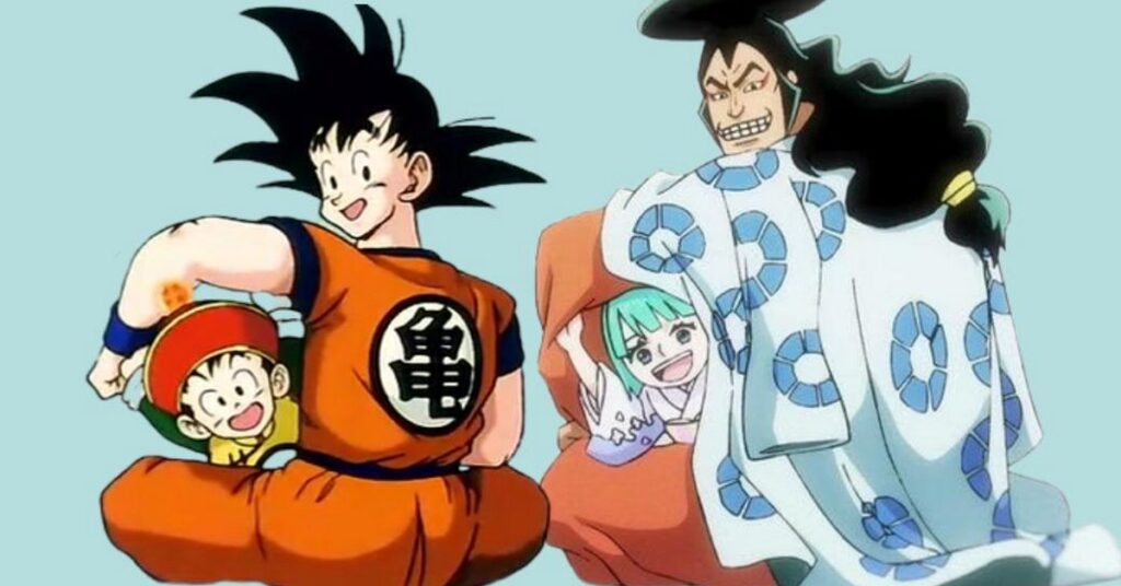 Imagen de dos personajes de Dragon Ball y dos personajes de One Piece