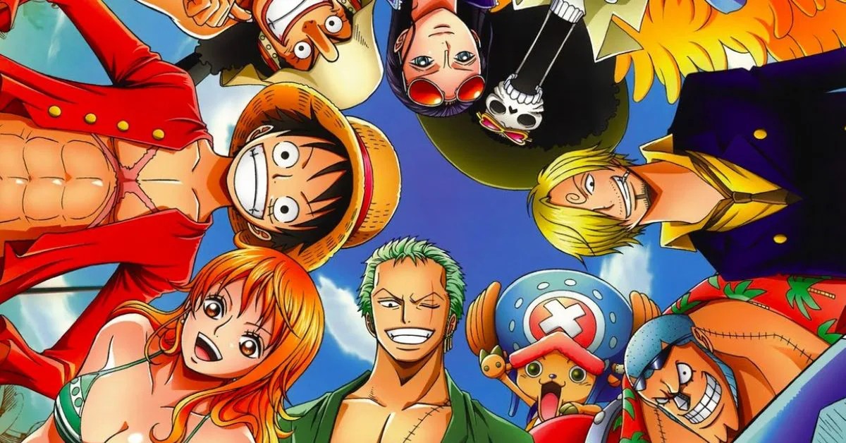 Imagen de varios personajes de One Piece juntos en círculo.