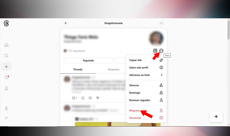 Capture d'écran du navigateur PC montrant comment accéder au bouton "bloquer" dans Threads.