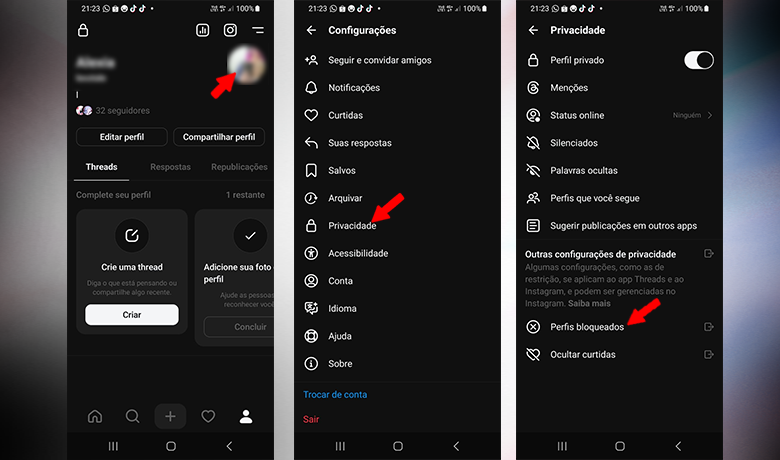 Capture d'écran de l'application pour téléphone portable avec des instructions étape par étape pour accéder à la liste des contacts bloqués.