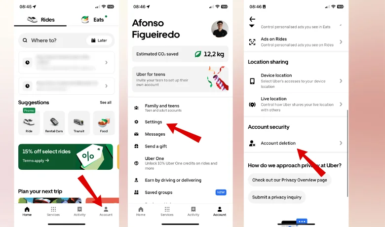 Uber アカウントを削除する手順を示す Uber モバイル アプリの 3 つのスクリーンショット。