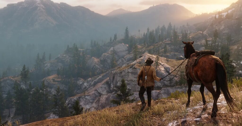 The game character and his horse amidst mountains