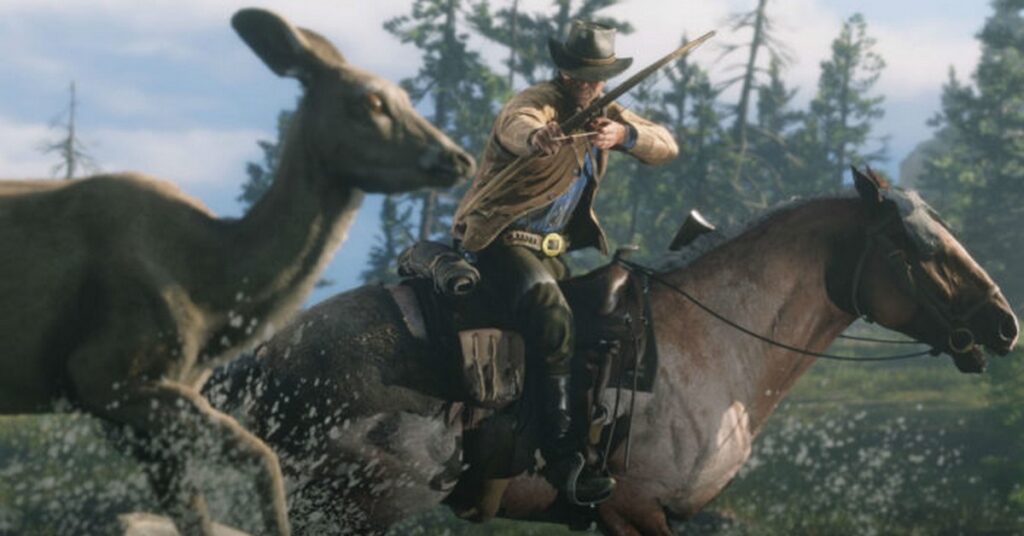 Hunting moment, where the main character is aiming a bow and arrow at a deer 