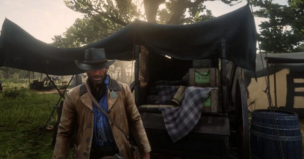 Character dressed as a cowboy next to a makeshift camp