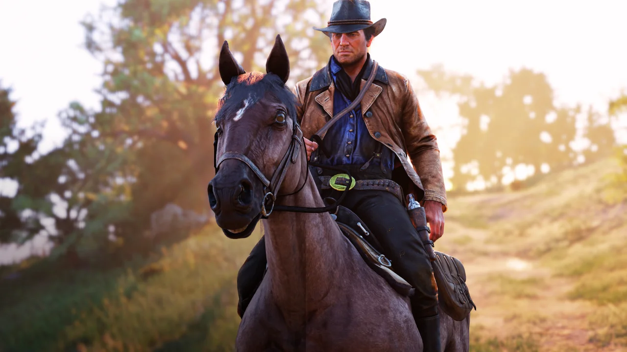 Personagem de Red Dead Redemption 2 em cima de um cavalo