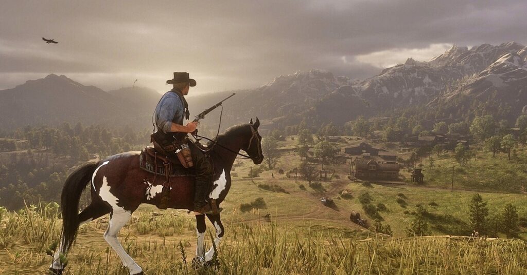 Main character dressed as a cowboy, riding his horse in the middle of the field