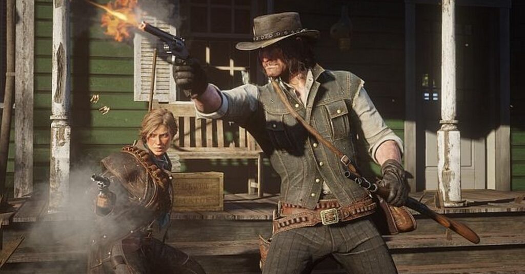 Personagens de Red Dead Redemption 2 em confronto armado