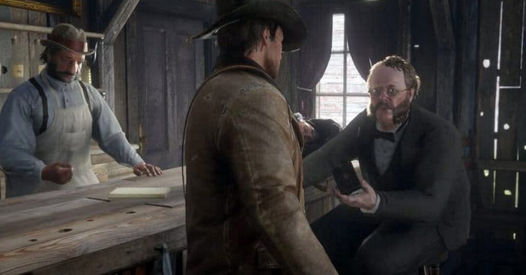 Personagens de Red Dead Redemption 2 conversando em um bar