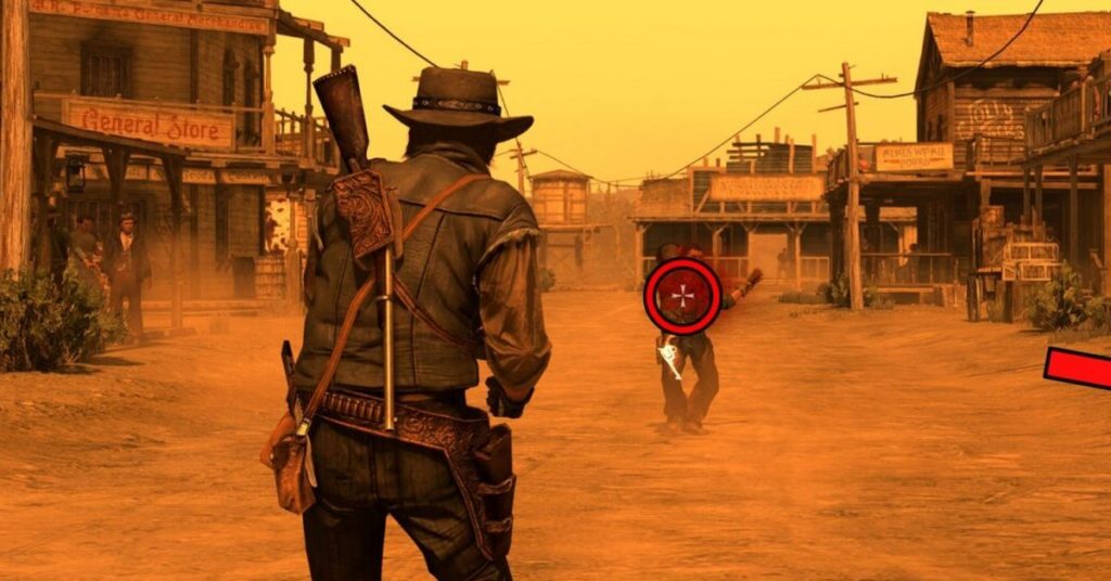 Personagens de Red Dead Redemption 2 se enfrentando em um duelo