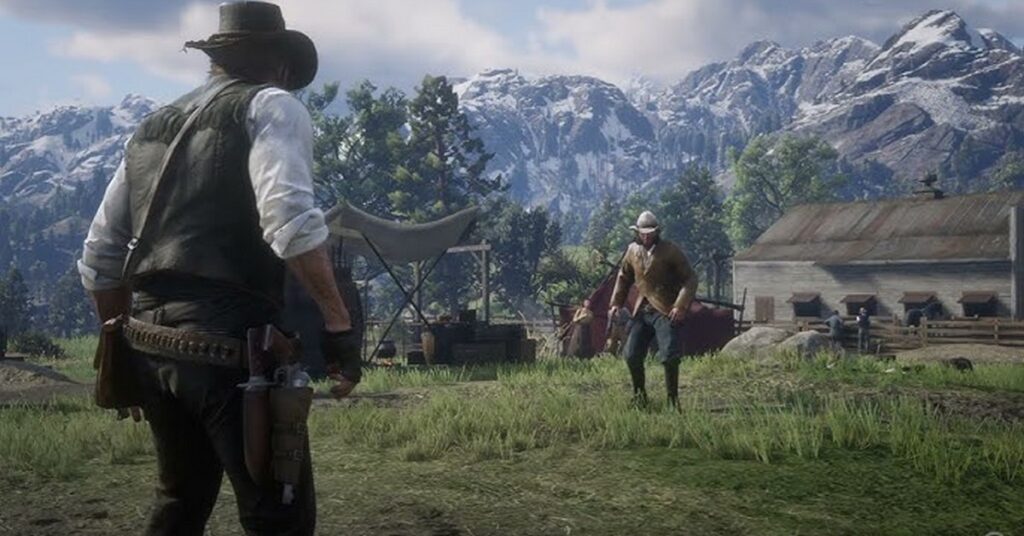 Personagens de Red Dead Redemption 2 se enfrentando em um duelo