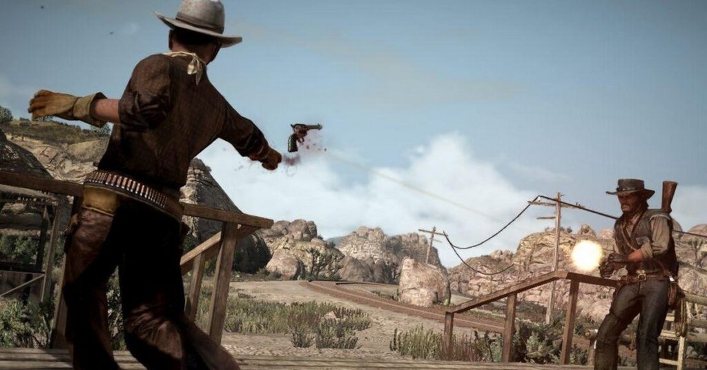 Personagens de Red Dead Redemption 2 se enfrentando em um duelo