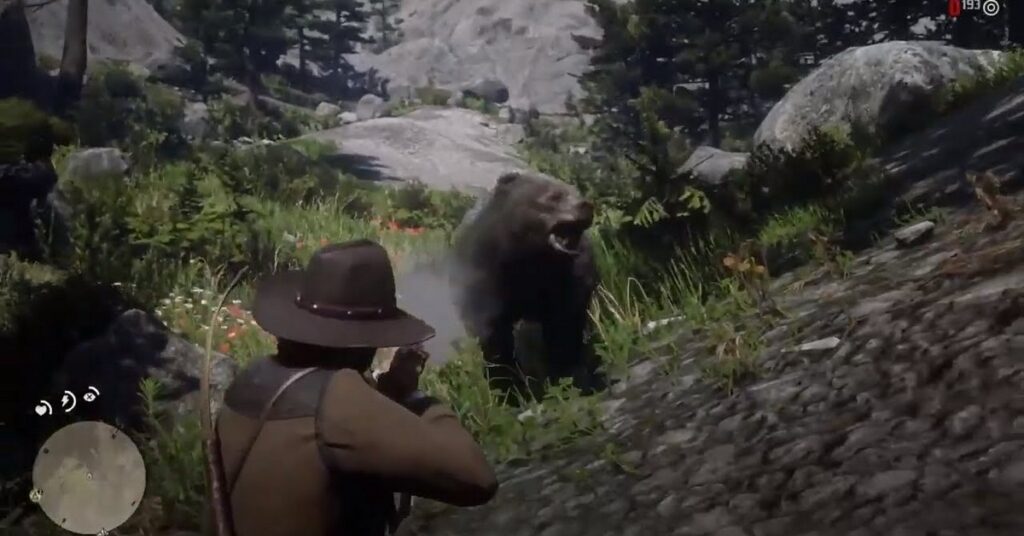 ゲーム Red Dead Redemption 2 でハイイログマを狩る男性