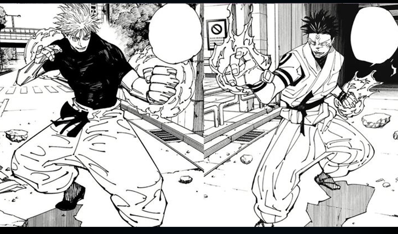 Cena do mangá onde mostra os perosnagens Gojo Satoru e Sukuna se preparando para a batalha em preto e branco.