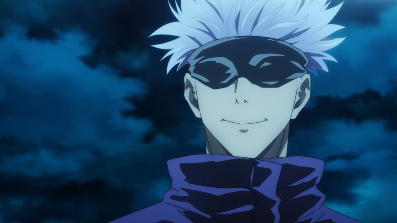 The character Gojo Satoru with his blindfold on his face and a night sky with clouds in the background