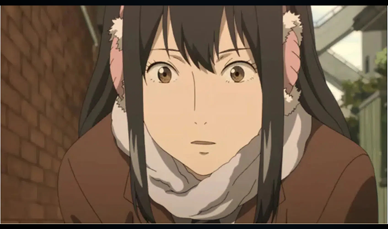 The character Kana Kimishima wearing a brown coat, a white scarf and pink earmuffs.