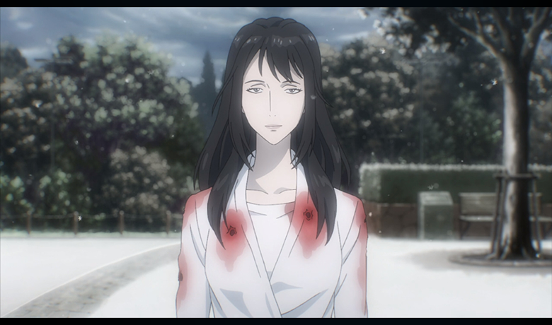 The character Reiko Tamura wearing a white outfit stained with blood and loose hair.