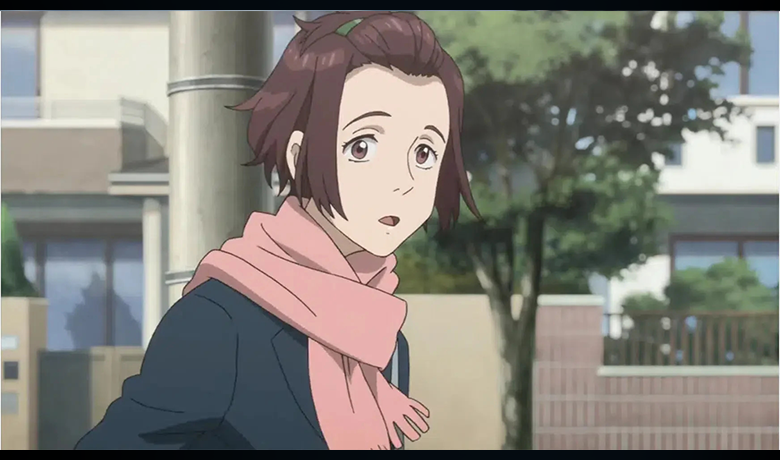 The character Satomi Murano looking at the camera in surprise wearing a pink scarf.