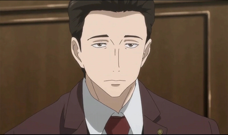 The character Takeshi Hirokawa with a tired expression wearing a brown suit and a red tie.