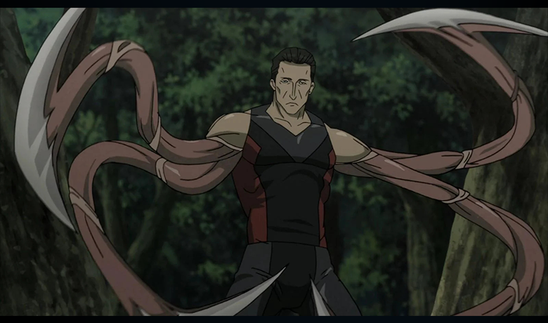 The character Gotou among trees and with his arms mutating due to the parasite in his body,