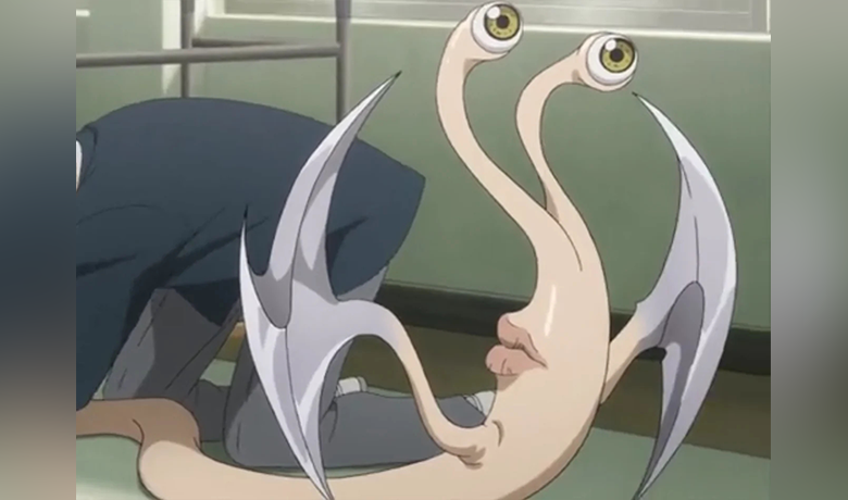 The Migi parasite with metallic wings, bulging eyes and a mouth.