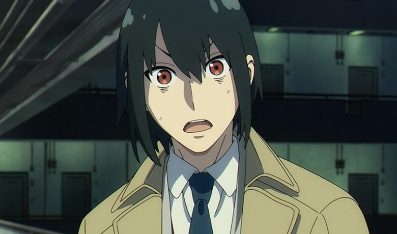 The character Yuri Briar with a scared face, loose hair and wearing a beige overcoat.