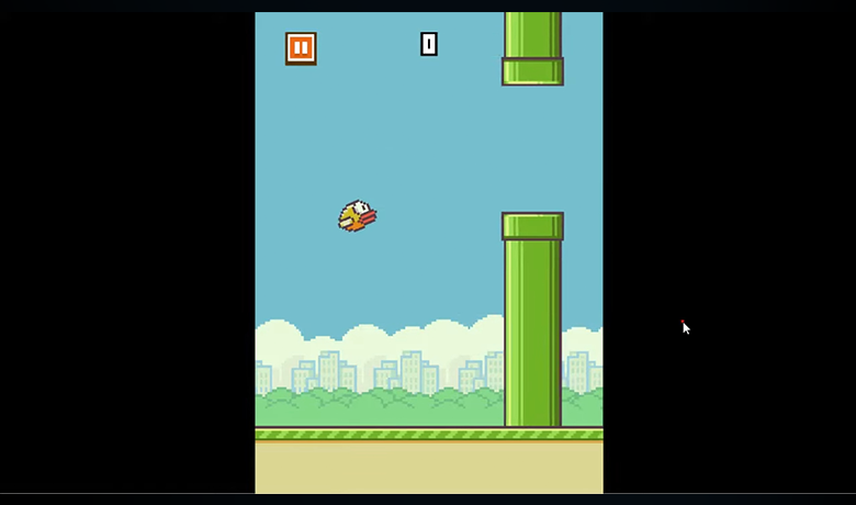 Captura de pantalla sobre un fondo negro con la pantalla de la aplicación del juego Flappy Bird en el centro