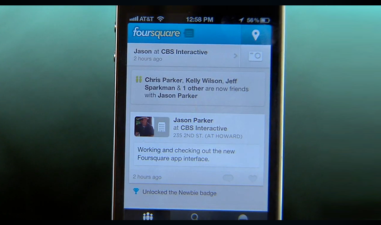 Screenshot on a green background showing the Foursquare app interface in the center.