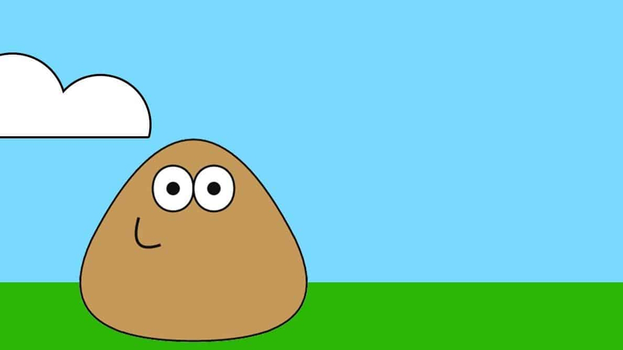 The character Pou in brown color on a lawn with the sky in the background