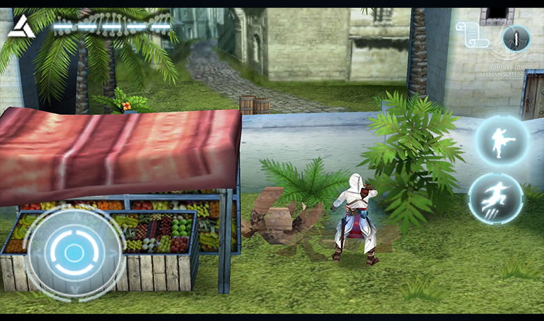 Game character in the middle of a lawn near a building with fruits and vegetables.