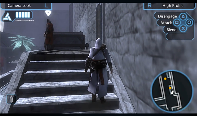 Main character walking down a stone corridor up the stairs.