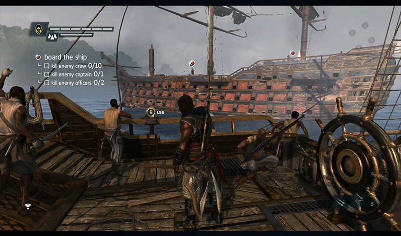 Assassin's Creed characters on a boat with another boat in the background.