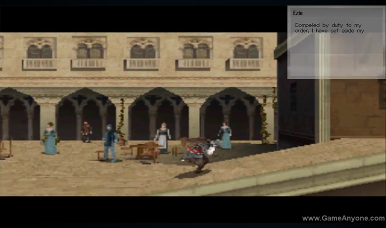 Game screenshot showing several characters in front of an old building and a stone floor.