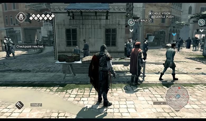 Assassin's Creed characters in a square in front of a stone building.