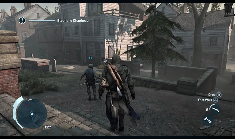 Assassin's Creed III character walking down one of the game's streets with some other characters on screen.