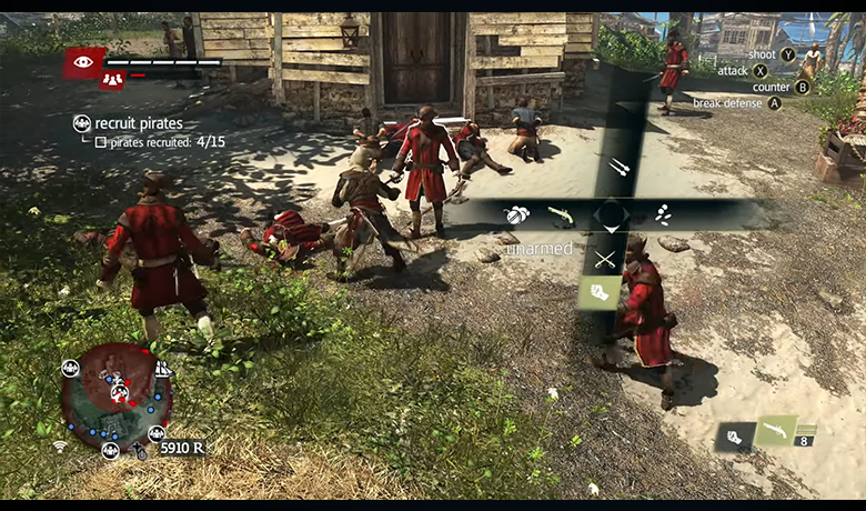 Several characters fighting near a building with a wooden door.