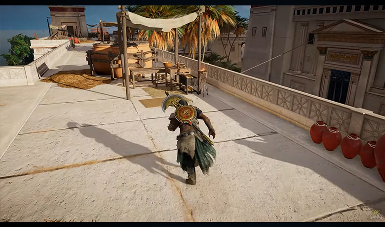 Game screenshot with character running towards a stall.