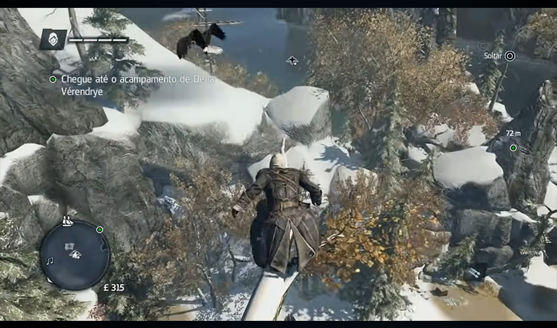 Screenshot of the character seen from above with snow lying on the ground and trees around him.