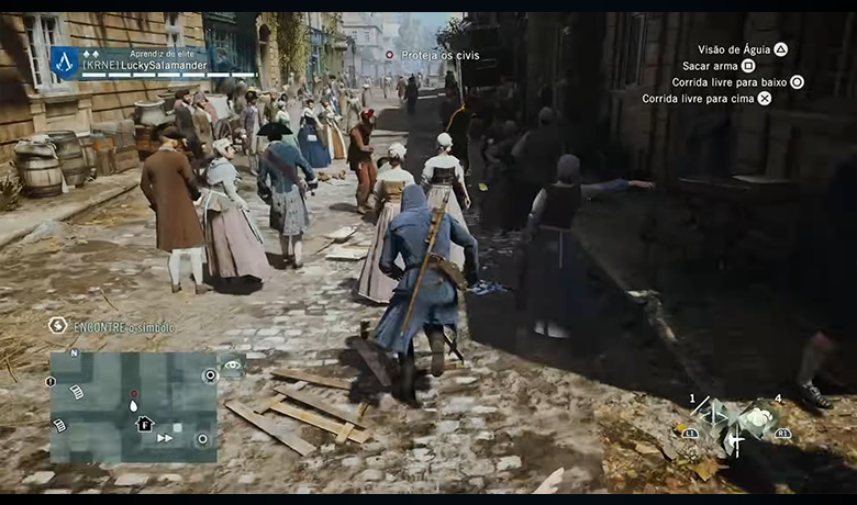 Screenshot of the main character walking among several others on the city street.