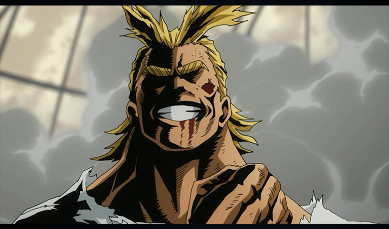 O personagem All Might sorrindo para a câmera apresentando alguns ferimentos